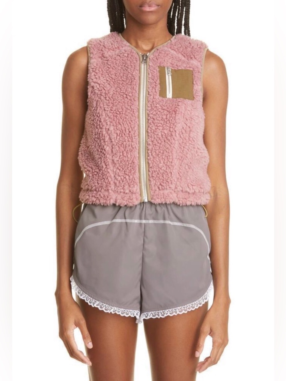 Sandy Liang Elan Fleece Dusty Pink Sherpa Zip Crop Vest